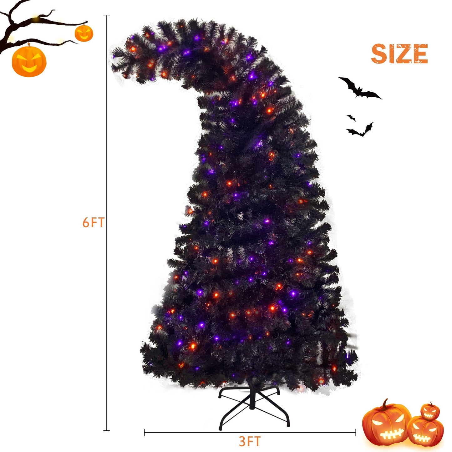 6FT Bendable Black Christmas Hat Tree with 300 LED Lights - Unique Holiday Decoration for Christmas & Halloween Celebrations