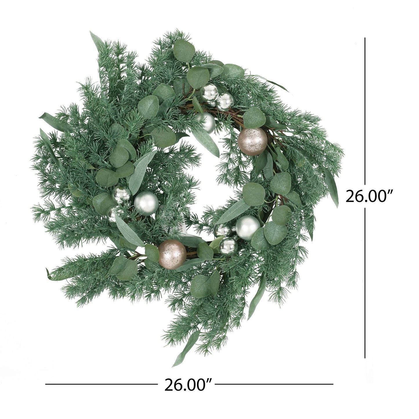 26-inch Pine Needle Wreath with Silver Ornaments – Rustic Farmhouse Style, Indoor/Outdoor Decor, Christmas 2024