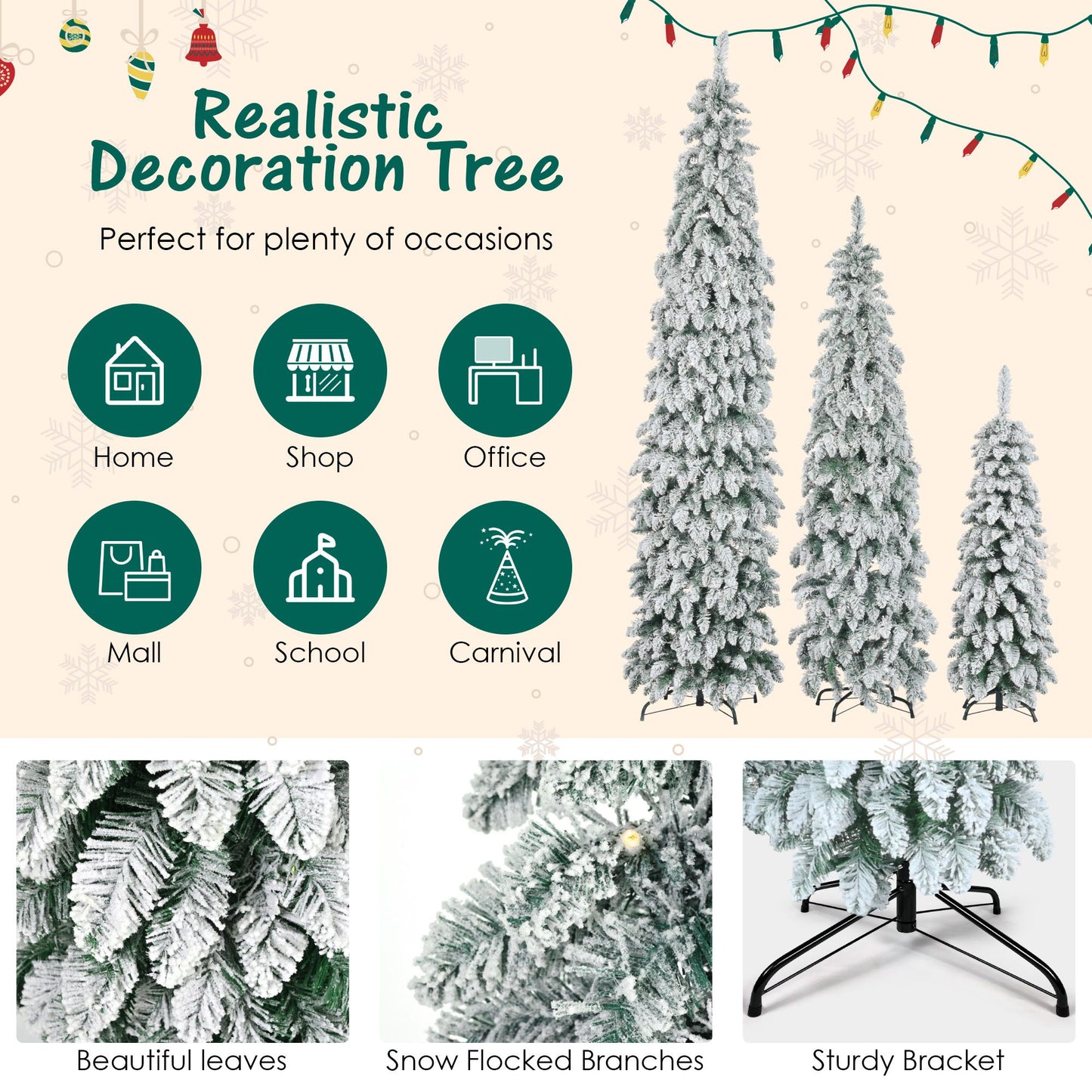 8FT, 6FT, 4FT Pre-Lit Pencil Christmas Trees, 3-set Slim Artificial Christmas Tree With Snow Flocking, Xmas Holiday Decoration Tree, 1455 Branch Tips, 520 LED Lights, 11 Lighting Modes