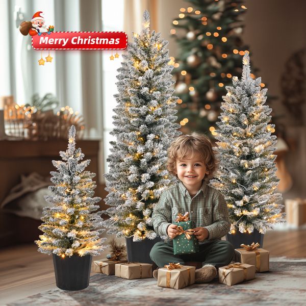 Set of 3 Snow-Flocked Pre-Lit Christmas Trees – 3/4/5 FT with Warm LED Lights, Perfect Holiday Decor for Home & Office 2024