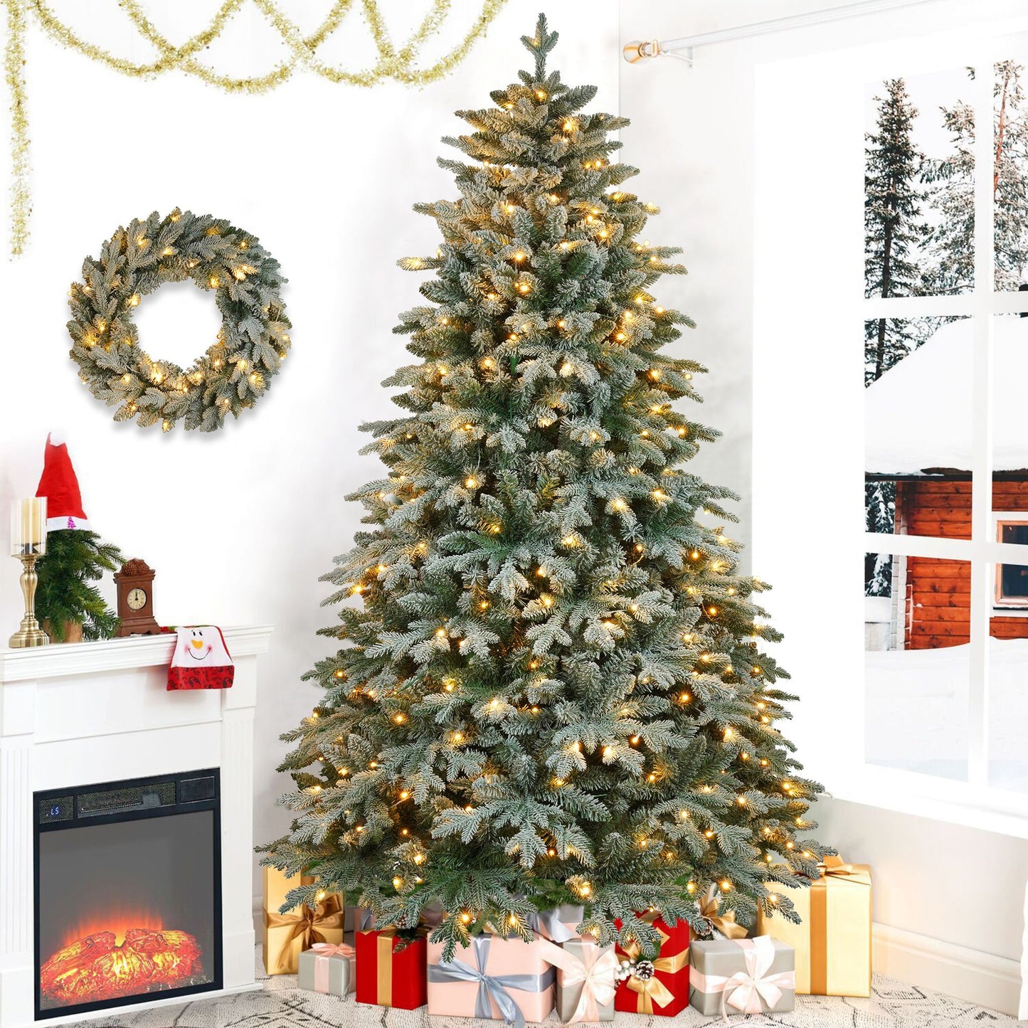 7 ft Pre-Lit Artificial Christmas Tree with 2 Wreaths – Festive Holiday Decor with 380 LED Lights, Perfect for Home & Office Christmas 2024