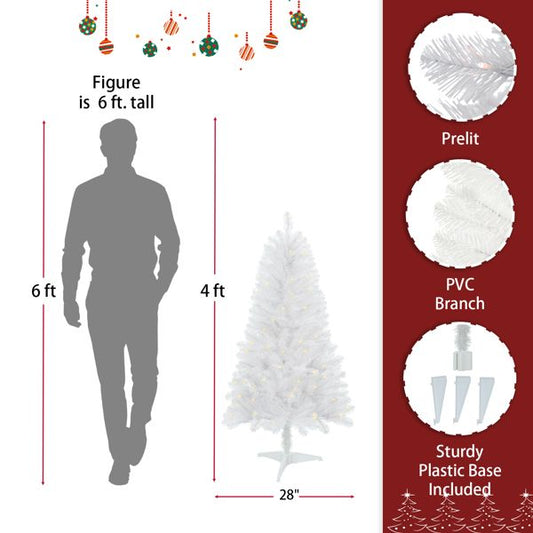 4ft Pre-Lit White Norwood Spruce Christmas Tree – 100 Warm White LED Lights, Realistic PVC Design for Indoor Holiday Decor 2024