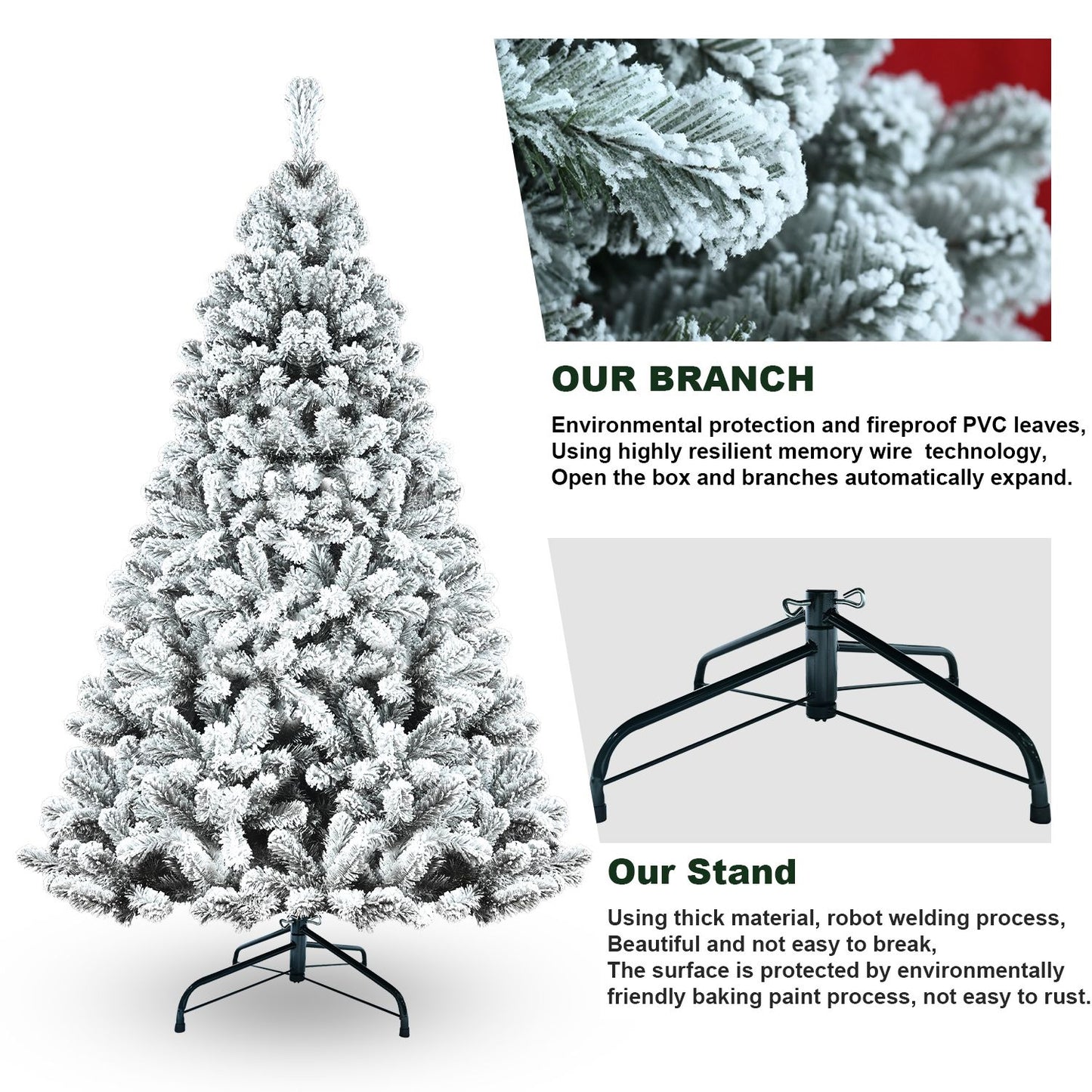 8ft Snow-Flocked Hinged Christmas Tree – Eco-Friendly Fireproof PVC, Easy Assembly for Holiday Decor 2024