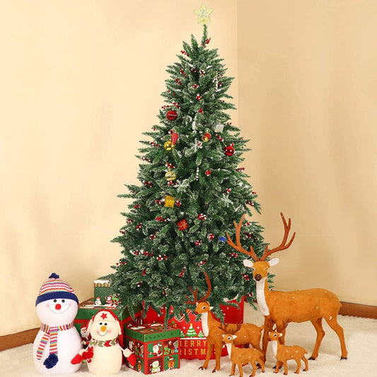 7 ft Snow-Flocked Artificial Christmas Tree with 1390 Tips and Red Cherry Decor for Festive Indoor and Outdoor Holiday 2024