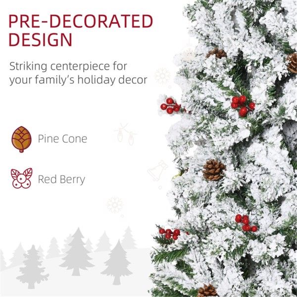 7.5 ft Snow-Flocked Pencil Christmas Tree – Realistic Holiday Decor with Pinecones and Red Berries, Perfect for Christmas 2024