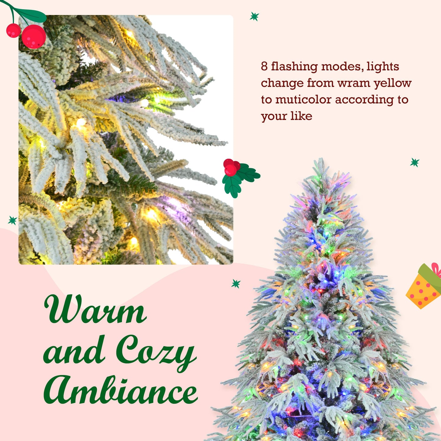 6FT Pre-Lit Snow-Flocked Christmas Tree with 300 Multi-Color LED Lights – Perfect Holiday Decor for Home and Office 2024