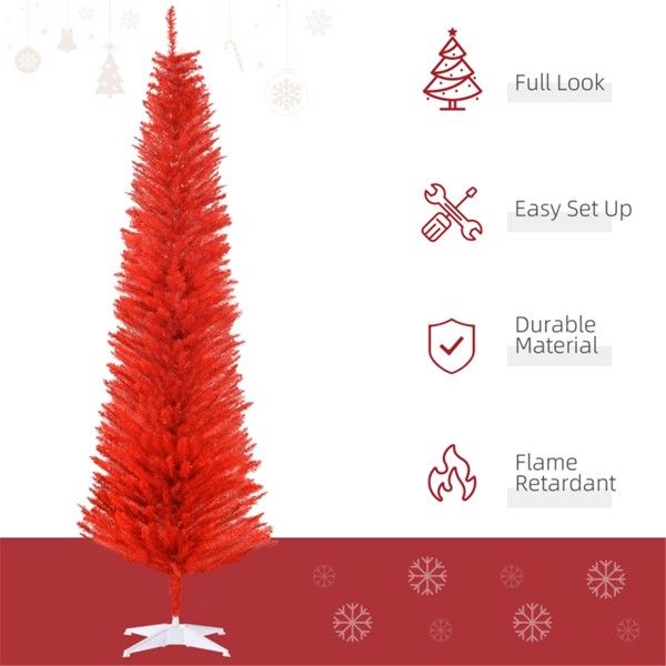 7 ft Slim Pencil Christmas Tree – Lush Red Decor with 499 Branches, Perfect for Holiday Celebrations 2024