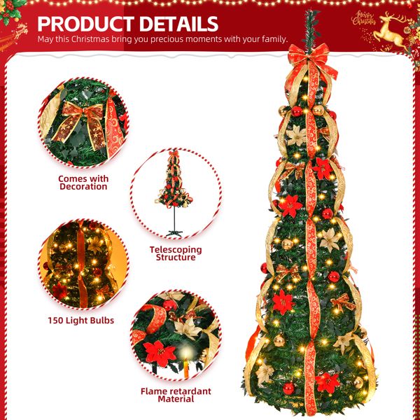 6 FT Pre-Lit Artificial Christmas Tree with Red & Gold Ornaments - Fully Decorated Holiday Decor for Home & Office 2024