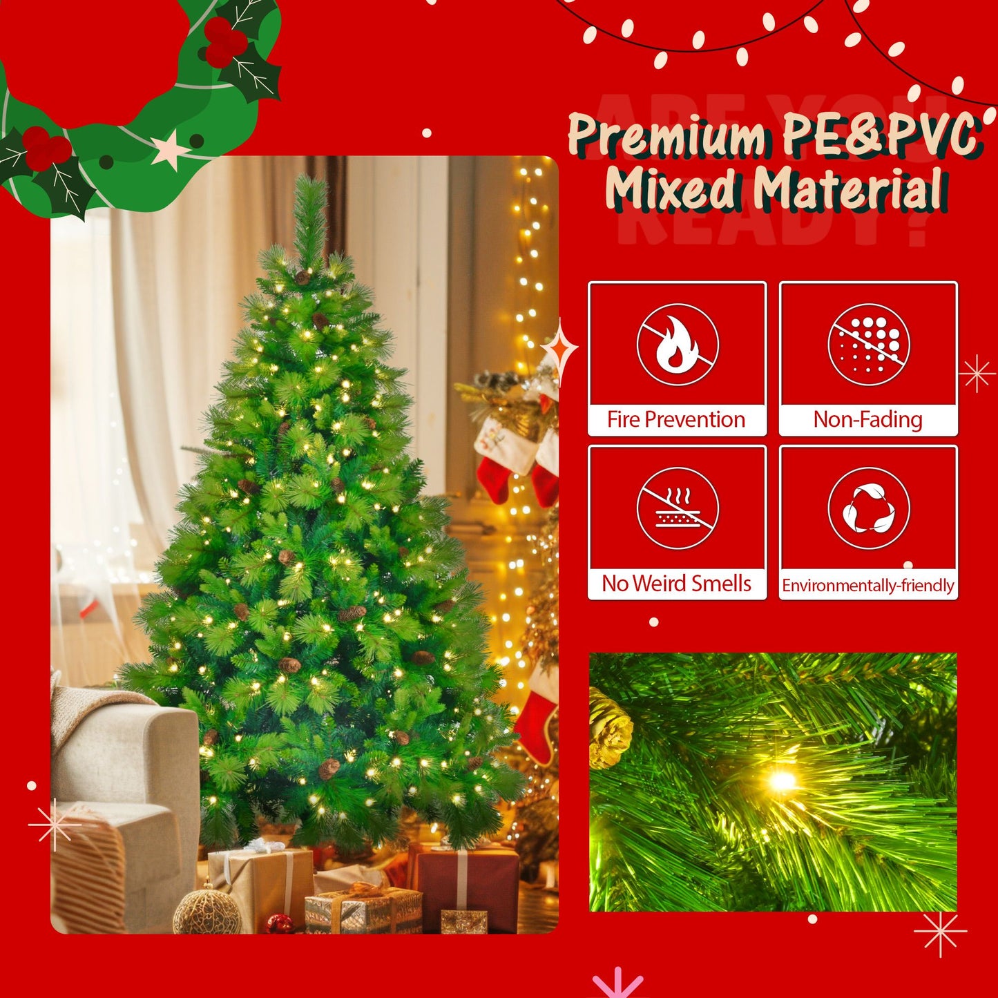 6FT Pre-Lit Artificial Pine Christmas Tree Set with Garland & Wreath – Festive Holiday Decor with Pine Cones for Home & Office 2024