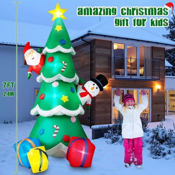 8FT LED Inflatable Santa and Snowman Christmas Tree Decoration for Outdoor Holiday Festivities