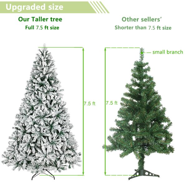 7.5 ft Pre-Lit Green Flocked Christmas Tree with 1450 Branches and Warm LED Lights - Perfect Holiday Decor for Christmas 2024