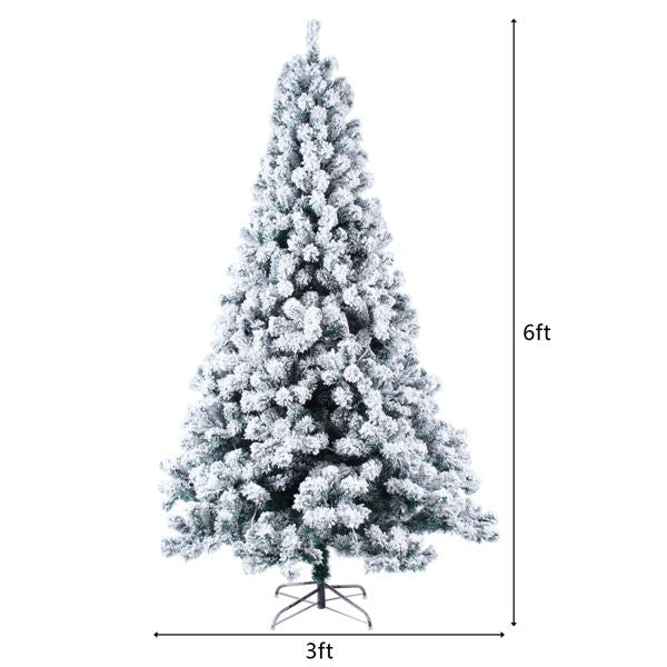 6ft Snow-Flocked Christmas Tree with 1202 Branches and Tied Lights – Perfect Holiday Decor for Christmas 2024