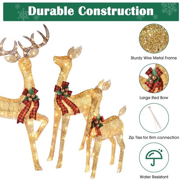 Illuminated 3-Piece Christmas Deer Family Set with 210 Warm White LED Lights for Outdoor Holiday Decor