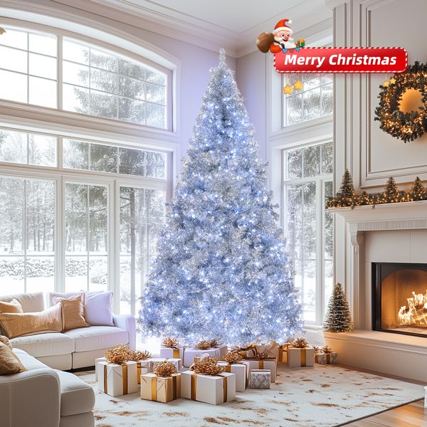 8 FT Pre-Lit Silver Christmas Tree – Lifelike Pine with 550 LED Lights & Remote Control, Perfect Holiday Decor for Home & Office 2024