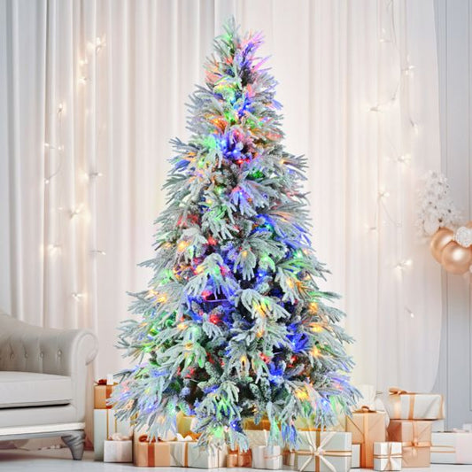 7.5 ft Pre-Lit Snow Flocked Christmas Tree – Artificial Holiday Decor with 350 Multi-Color LED Lights, Ideal for Home & Office Christmas 2024