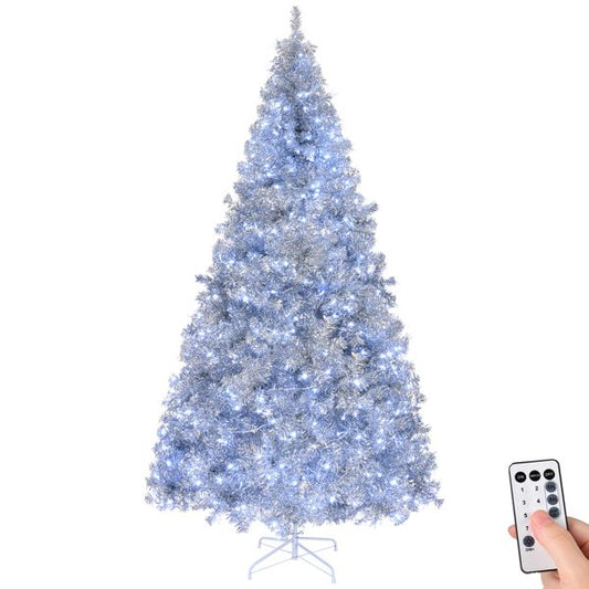 8 FT Pre-Lit Silver Christmas Tree – Lifelike Pine with 550 LED Lights & Remote Control, Perfect Holiday Decor for Home & Office 2024