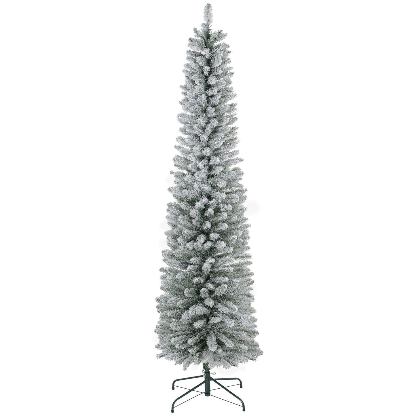 7 ft Snow-Flocked Pencil Christmas Tree with Realistic Tips & Metal Base – Perfect Holiday Decor for Small Spaces 2024