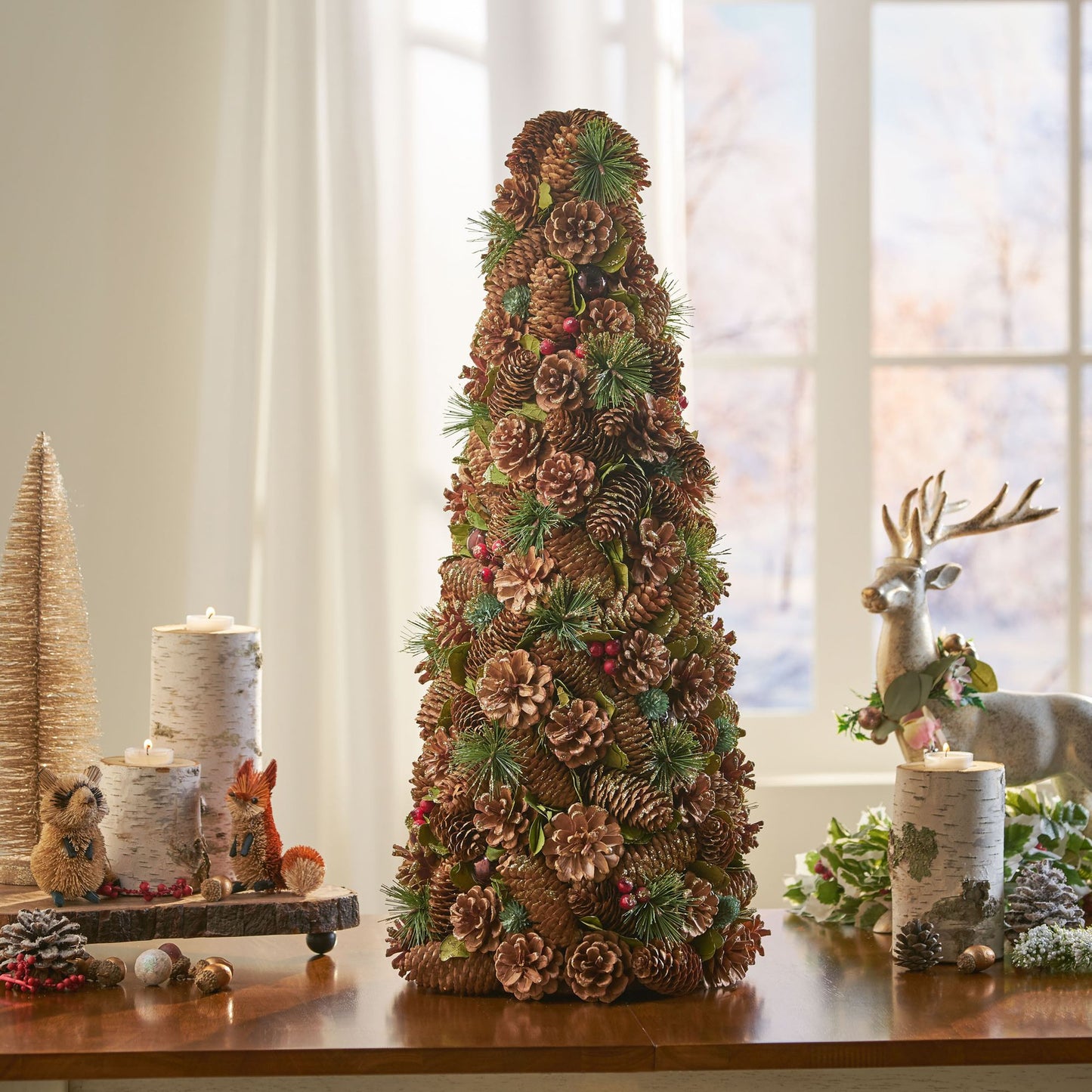 Pine Cone Christmas Tabletop Tree - Festive Holiday Decor with Red Ornaments, 26.5" Tall for Christmas 2024