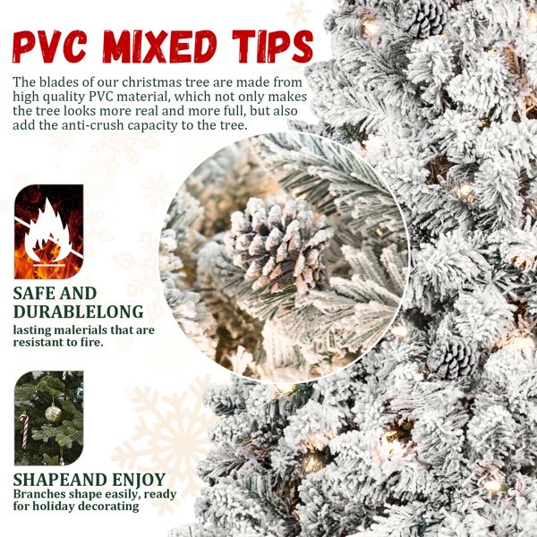 7.5 ft Pre-Lit Snow-Flocked Christmas Tree with Pine Cones – Easy Assembly with Metal Base, Perfect Holiday Decor for Home & Outdoor 2024