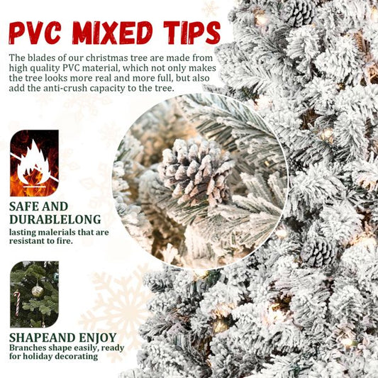 7.5 ft Pre-Lit Snow-Flocked Christmas Tree with Pine Cones – Easy Assembly with Metal Base, Perfect Holiday Decor for Home & Outdoor 2024