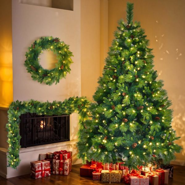 6FT Pre-Lit Green Christmas Tree Set with Garland & Wreath, Artificial Pine with Pine Cones, Hinged Holiday Decor for Home & Office 2024