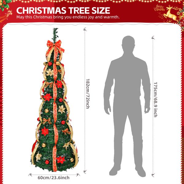 6 FT Pre-Lit Artificial Christmas Tree with Red & Gold Ornaments - Fully Decorated Holiday Decor for Home & Office 2024