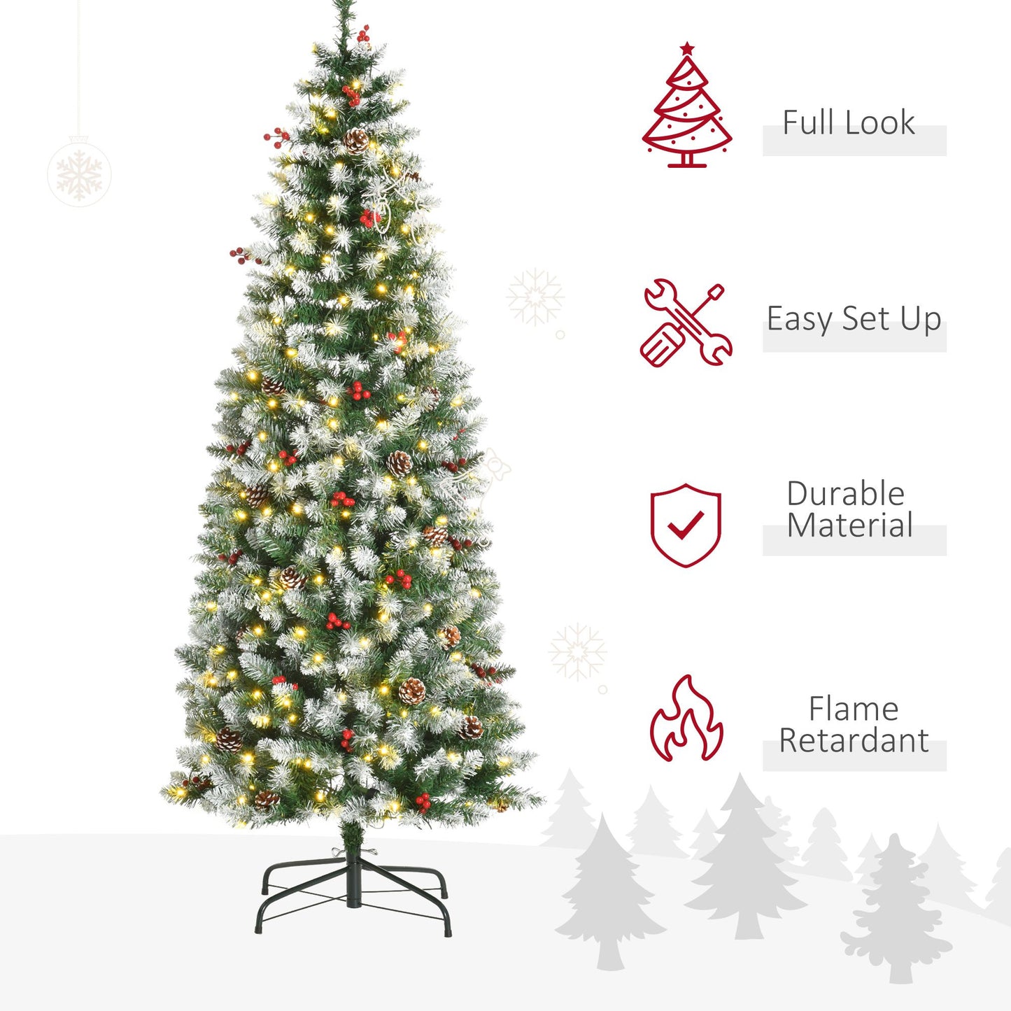 6ft Pre-Lit Snow-Flocked Christmas Tree with Realistic Branches, 618 Tips & 300 LED Lights for Festive Holiday Decor 2024