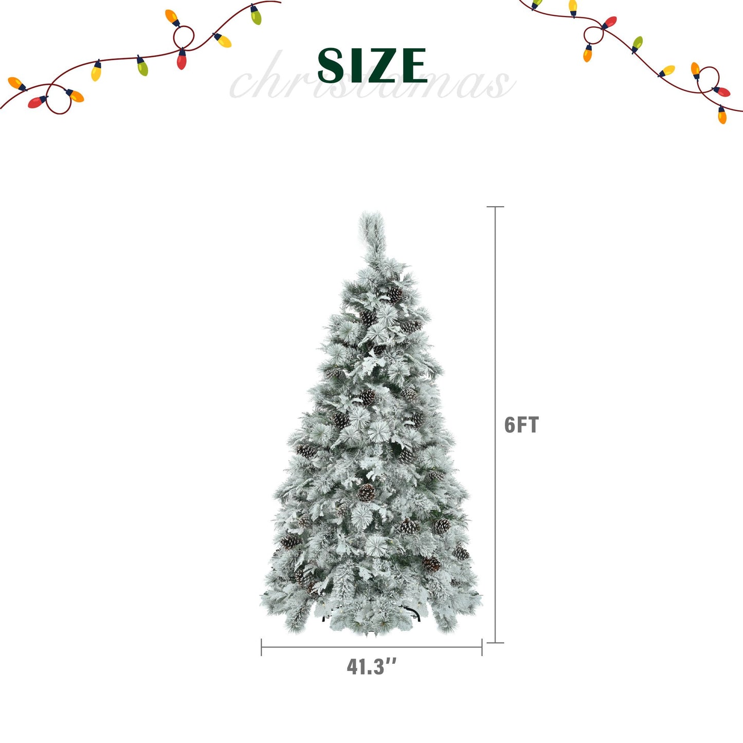 Snow-Flocked 6FT Pre-Lit Christmas Tree with 250 LED Lights, 403 Branch Tips & Pine Cones - Perfect Holiday Decor for Homes & Offices