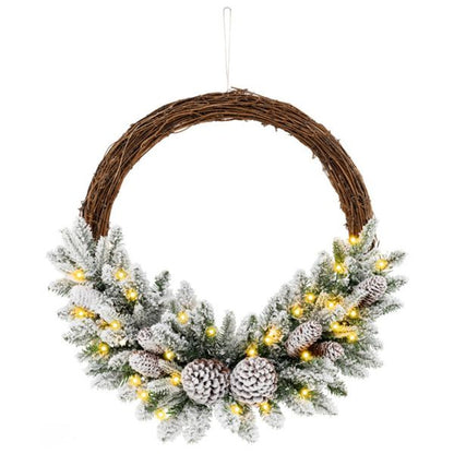 24-inch Snow-Flocked Christmas Wreath – Pre-Lit with 35 LED Lights, Perfect for Front Door, Holiday Decor 2024