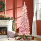 6 ft Snow-Flocked Pink Pencil Christmas Tree – Pre-Lit with Warm White LED Lights, Perfect for Festive Home Decor 2024