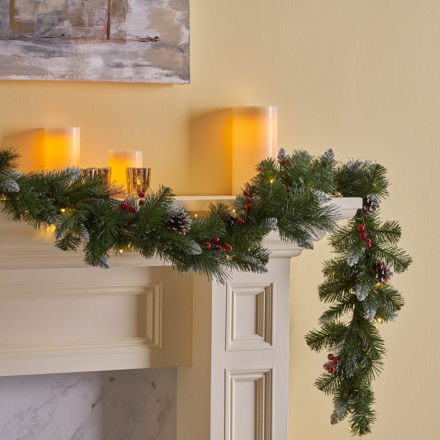 Set of 2 Glitter Bristle Mixed Garlands with LED Lights, Red Berries, and Pine Cones - 9"x10" Outdoor Decor with Timer, 180 Tips