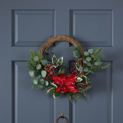 23.5-inch Poinsettia & Eucalyptus Holiday Wreath – Vibrant Red Berries, Perfect for Front Door, Christmas Decor 2024