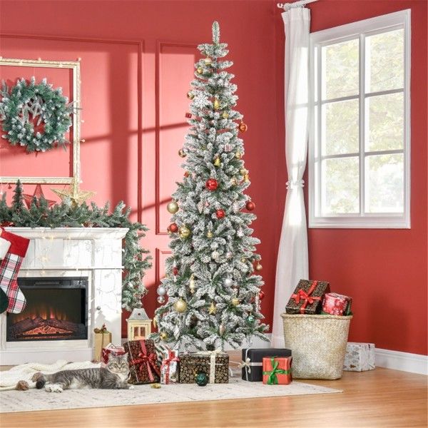 7.5 ft Snow-Flocked Artificial Pencil Christmas Tree – Realistic Indoor Holiday Decor for Christmas 2024