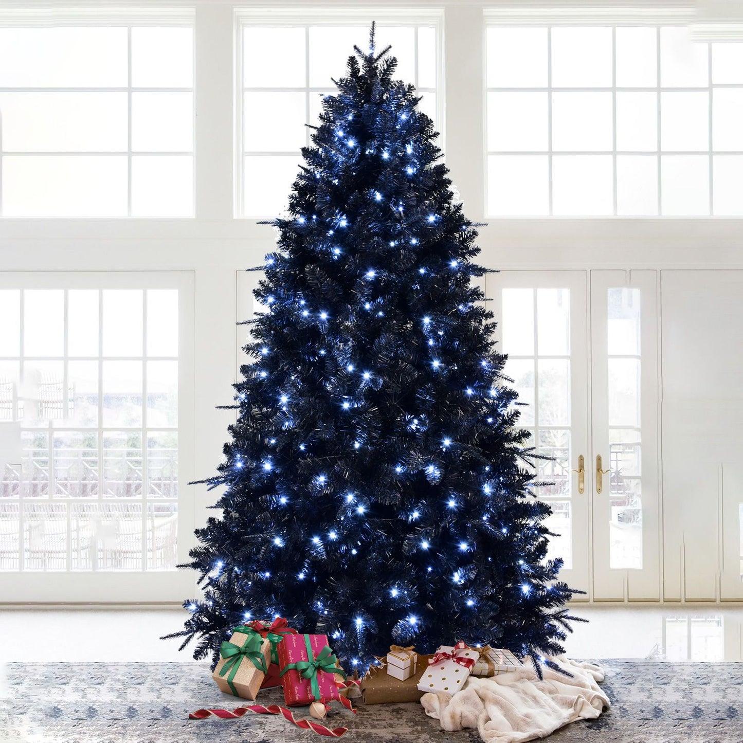 8ft Pre-Lit Black Christmas Tree – Full Artificial Holiday Decoration with 2486 Branch Tips & 600 Lights for Festive Decor 2024