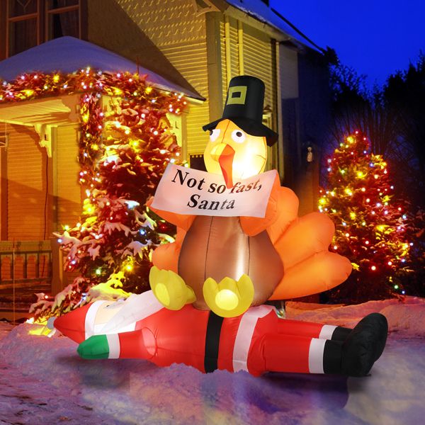 Funny 4.9 FT Inflatable Turkey on Santa Claus – LED Lit Outdoor Decoration for Lawn & Garden, Christmas 2024