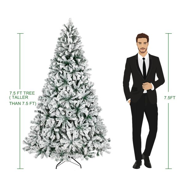 7.5 ft Pre-Lit Green Flocked Christmas Tree with 1450 Branches and Warm LED Lights - Perfect Holiday Decor for Christmas 2024