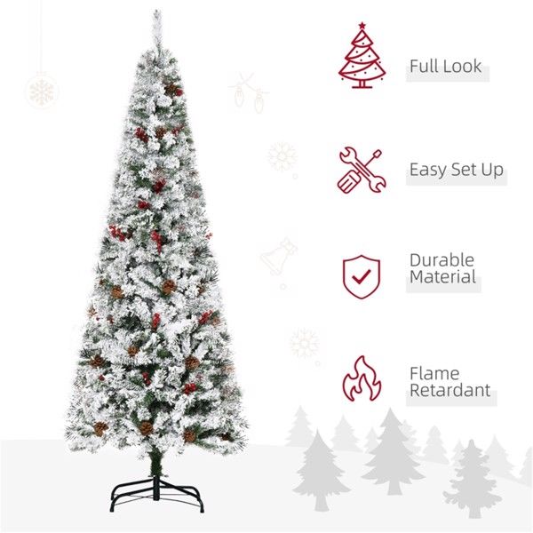 6ft Slim Snow-Flocked Christmas Tree with Pinecones and Red Berries – Ideal Holiday Decor for Small Spaces 2024