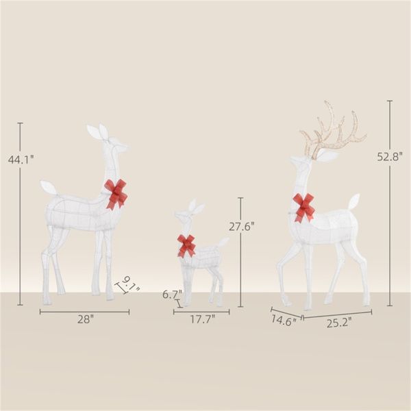 3-Piece LED Lit Reindeer Family Set – Silver with Red Bows, Outdoor Safe Christmas Decoration 2024