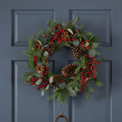 22-inch Eucalyptus & Berry Wreath with Pinecones – Natural Rustic Decor for Front Door, Christmas 2024