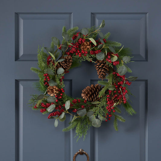 22-inch Eucalyptus & Berry Wreath with Pinecones – Natural Rustic Decor for Front Door, Christmas 2024