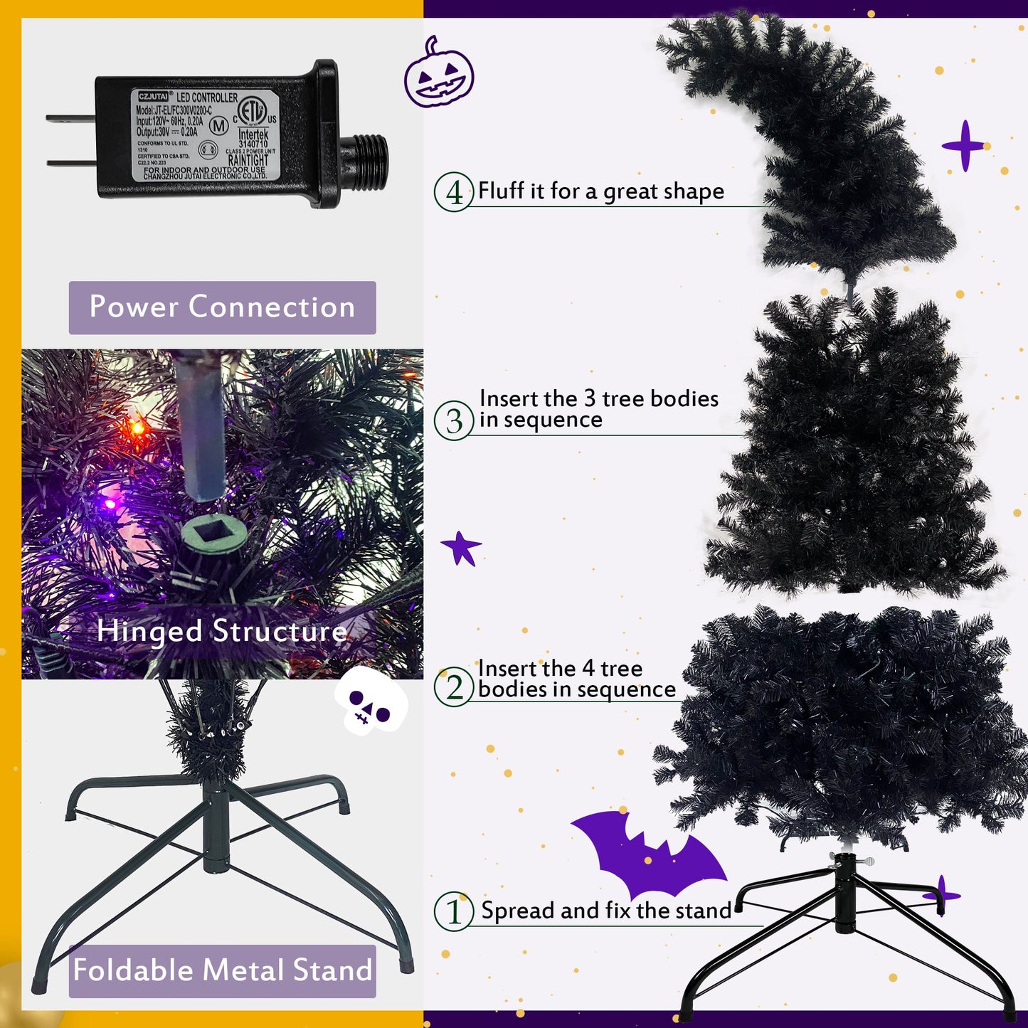 6FT Bendable Black Christmas Hat Tree with 300 LED Lights - Unique Holiday Decoration for Christmas & Halloween Celebrations