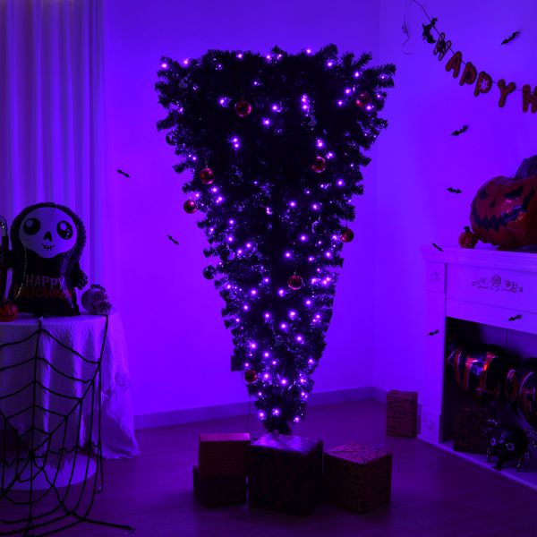 6 FT Pre-Lit Black Upside Down Christmas Tree with Purple Lights & Halloween Ornaments – Unique Holiday Decor for Spooky Festivities 2024