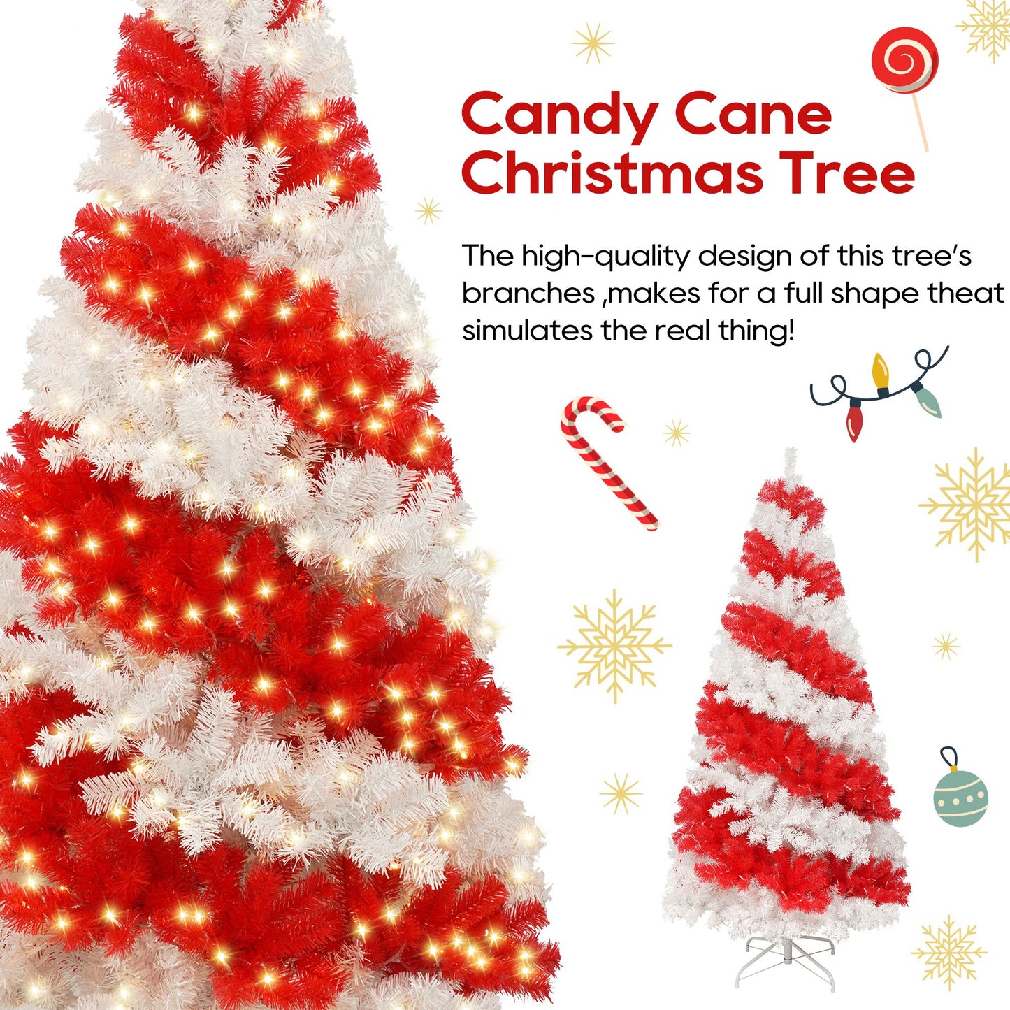 6 ft Candy Cane Christmas Tree – Pre-Lit with 300 LED Lights and 904 Realistic Branches, Festive Holiday Decoration for Home 2024