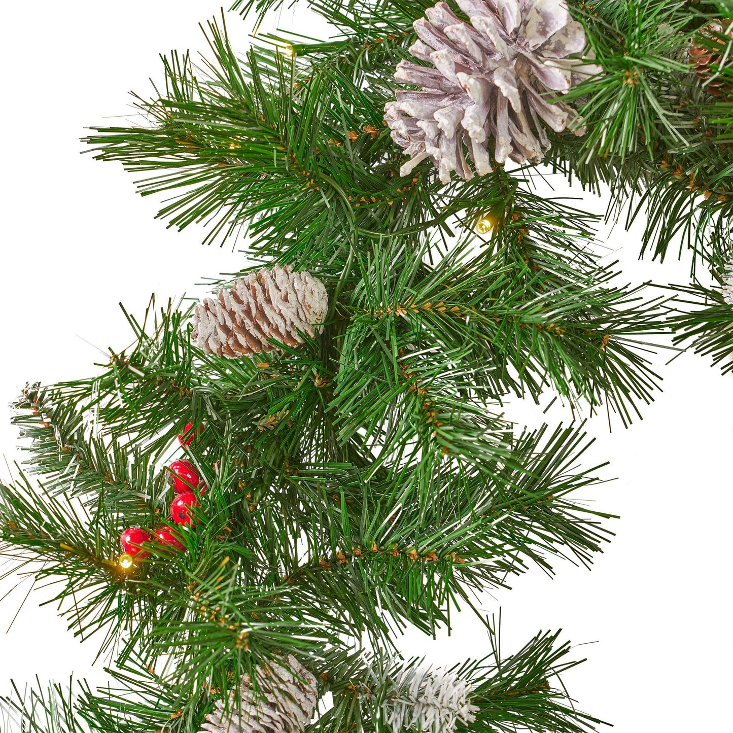 Set of 2 Frosted Christmas Garlands with Pine Cones, Red Berries, and 50 LED Lights with Timer - Battery Operated, 200 Tips