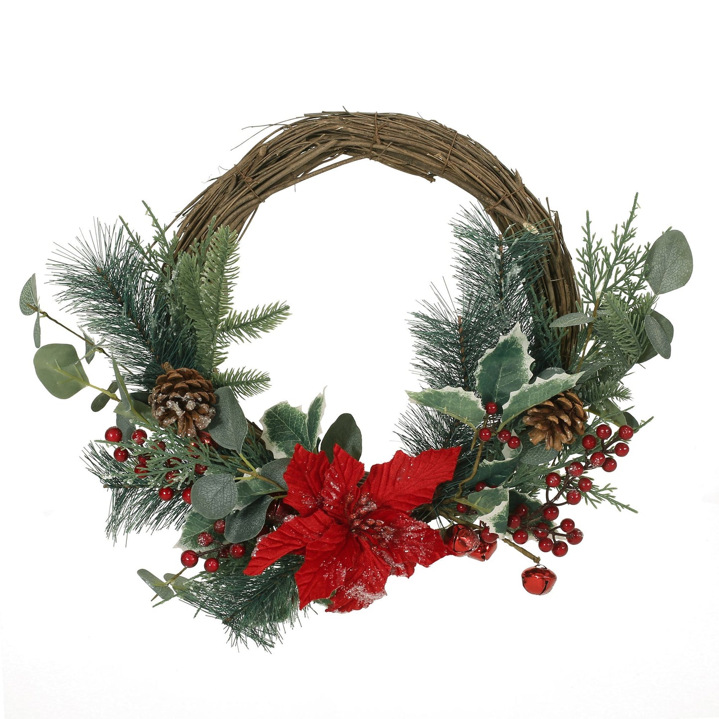 23.5-inch Poinsettia & Eucalyptus Holiday Wreath – Vibrant Red Berries, Perfect for Front Door, Christmas Decor 2024