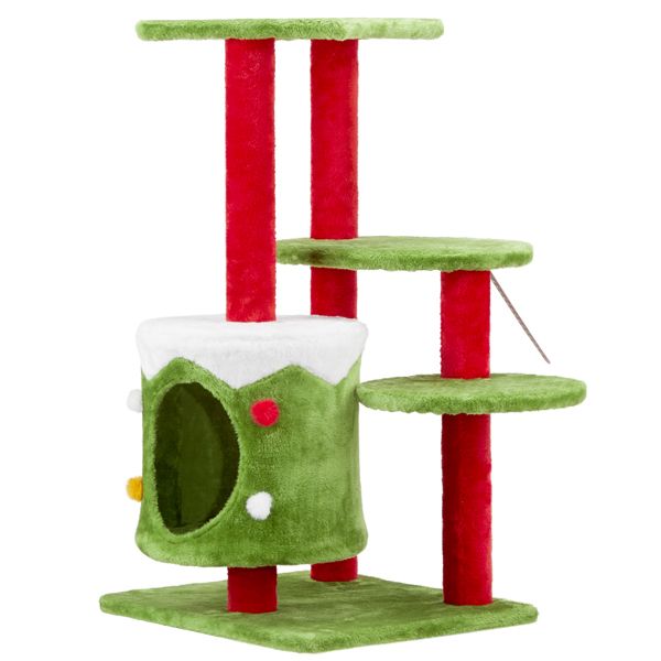 Festive 32in Christmas Cat Tree with Condo - 3-Level Plush Activity Center for Indoor Cats 2024