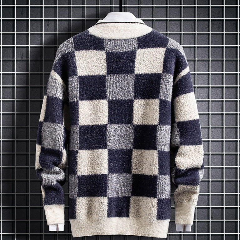 Warm Mens Crew Sweater - Checked Knit, Nylon, For Winter