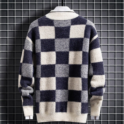 Warm Mens Crew Sweater - Checked Knit, Nylon, For Winter