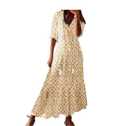 Vestito leggero da donna - stampa bohemien, scollo a V, maniche lunghe, vita media, abbigliamento casual quotidiano