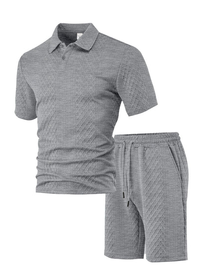 Breathable men's polo shirt and shorts set – durable textured pattern, polyester, for casual wear